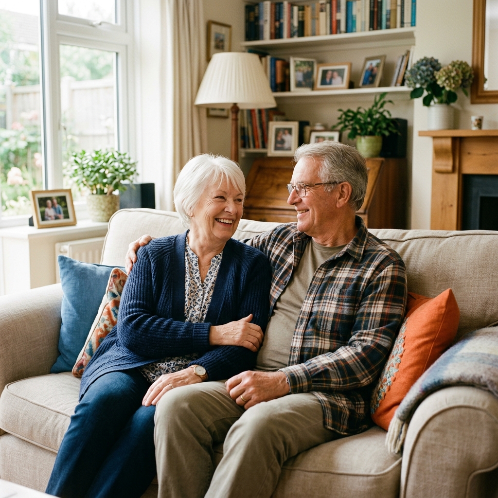 Couple de seniors souriants et sereins dans leur salon
